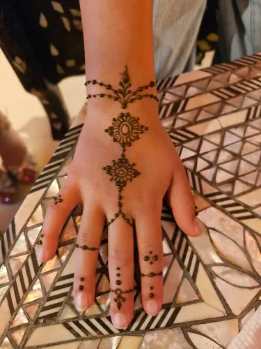 A minimal henna medallion connected to the wrist and fingers by dotted chains