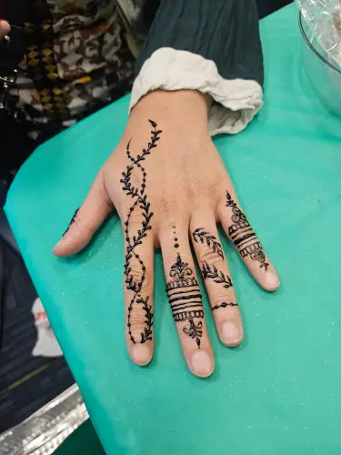 A hand with tiny henna flowers, dotted chains and intricate finger bands
